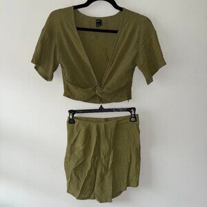 Olive Green Linen Like Two Piece Cropped Short Sleeve V-Neck Top Skort 2 pc Set